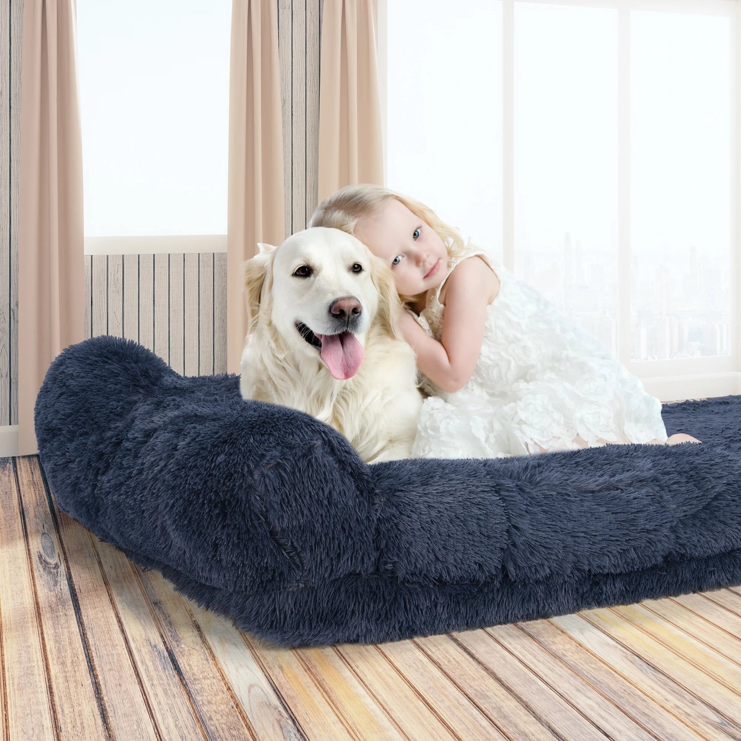 Foldable Human Dog Bed for Adult, Orthopedic Memory Foam Dog Bed for Humans, Waterproof Human Dog Bed for People, Faux Fur Human Sized Dog Bed,Black
