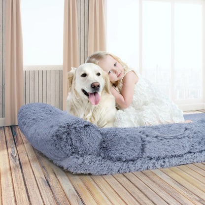 Foldable Human Dog Bed for Adult, Orthopedic Memory Foam Dog Bed for Humans, Waterproof Human Dog Bed for People, Faux Fur Human Sized Dog Bed,Gray