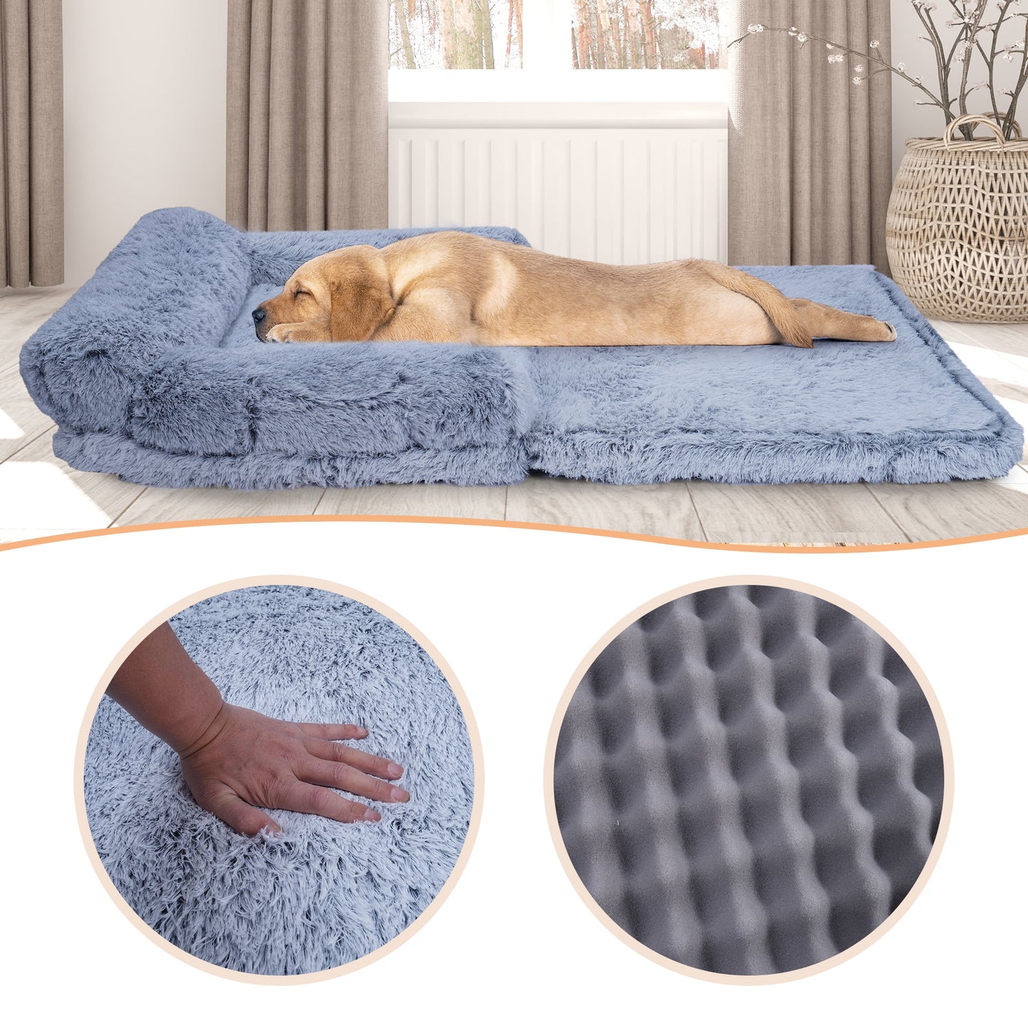 Foldable Human Dog Bed for Adult, Orthopedic Memory Foam Dog Bed for Humans, Waterproof Human Dog Bed for People, Faux Fur Human Sized Dog Bed,Gray