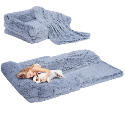 Foldable Human Dog Bed for Adult, Orthopedic Memory Foam Dog Bed for Humans, Waterproof Human Dog Bed for People, Faux Fur Human Sized Dog Bed,Gray