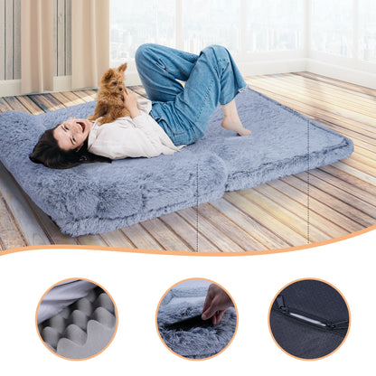 Foldable Human Dog Bed for Adult, Orthopedic Memory Foam Dog Bed for Humans, Waterproof Human Dog Bed for People, Faux Fur Human Sized Dog Bed,Gray