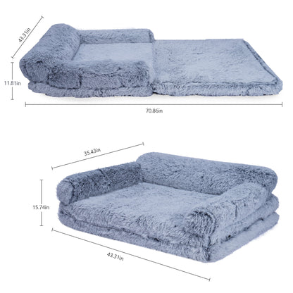 Foldable Human Dog Bed for Adult, Orthopedic Memory Foam Dog Bed for Humans, Waterproof Human Dog Bed for People, Faux Fur Human Sized Dog Bed,Gray