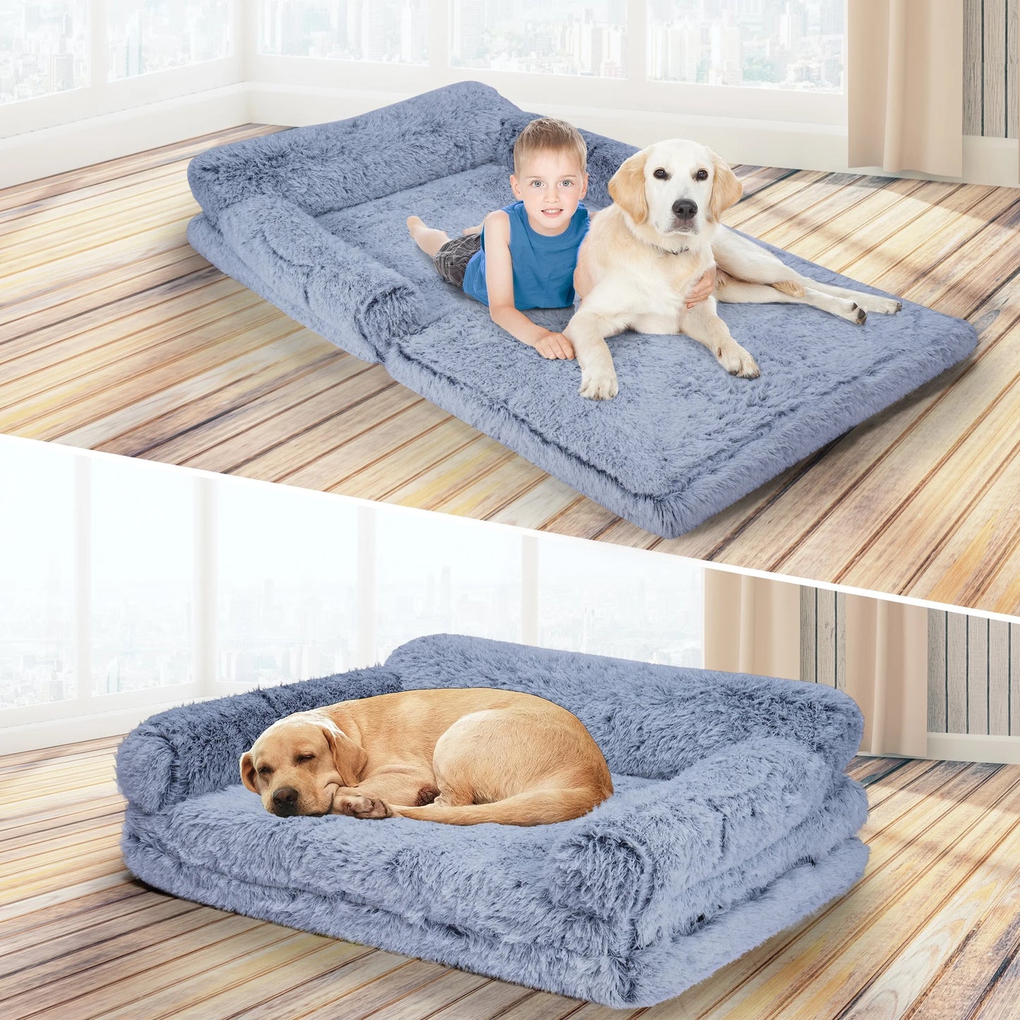 Foldable Human Dog Bed for Adult, Orthopedic Memory Foam Dog Bed for Humans, Waterproof Human Dog Bed for People, Faux Fur Human Sized Dog Bed,Gray