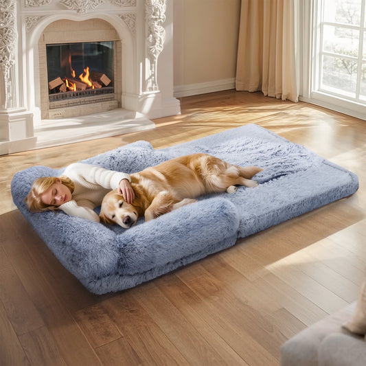 Foldable Human Dog Bed for Adult, Orthopedic Memory Foam Dog Bed for Humans, Waterproof Human Dog Bed for People, Faux Fur Human Sized Dog Bed,Gray