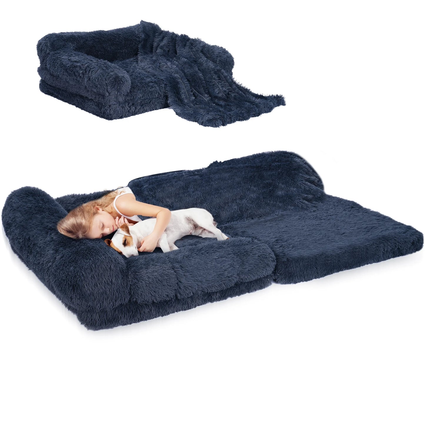 Foldable Human Dog Bed for Adult, Orthopedic Memory Foam Dog Bed for Humans, Waterproof Human Dog Bed for People, Faux Fur Human Sized Dog Bed,Black