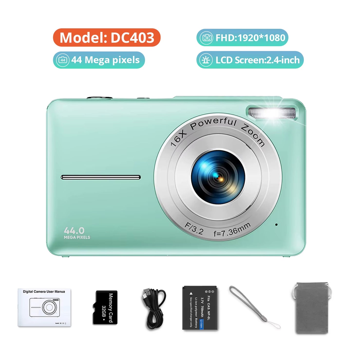 HD 1080P Digital Camera 2.4 Inches Rechargeable Cameras with 16X Zoom Compact Camera 44MP Cameras for Kids Girls Camera Digit