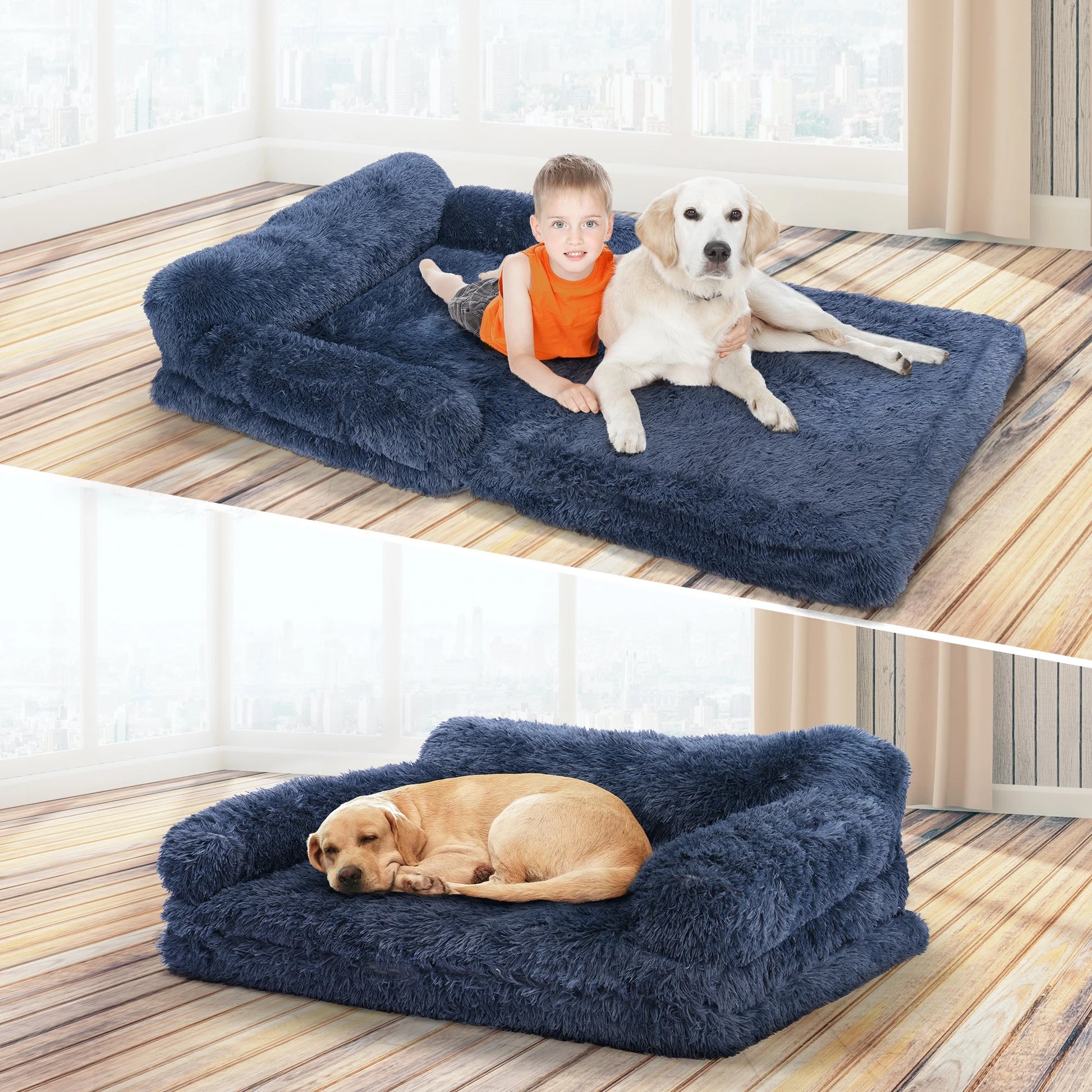 Foldable Human Dog Bed for Adult, Orthopedic Memory Foam Dog Bed for Humans, Waterproof Human Dog Bed for People, Faux Fur Human Sized Dog Bed,Black