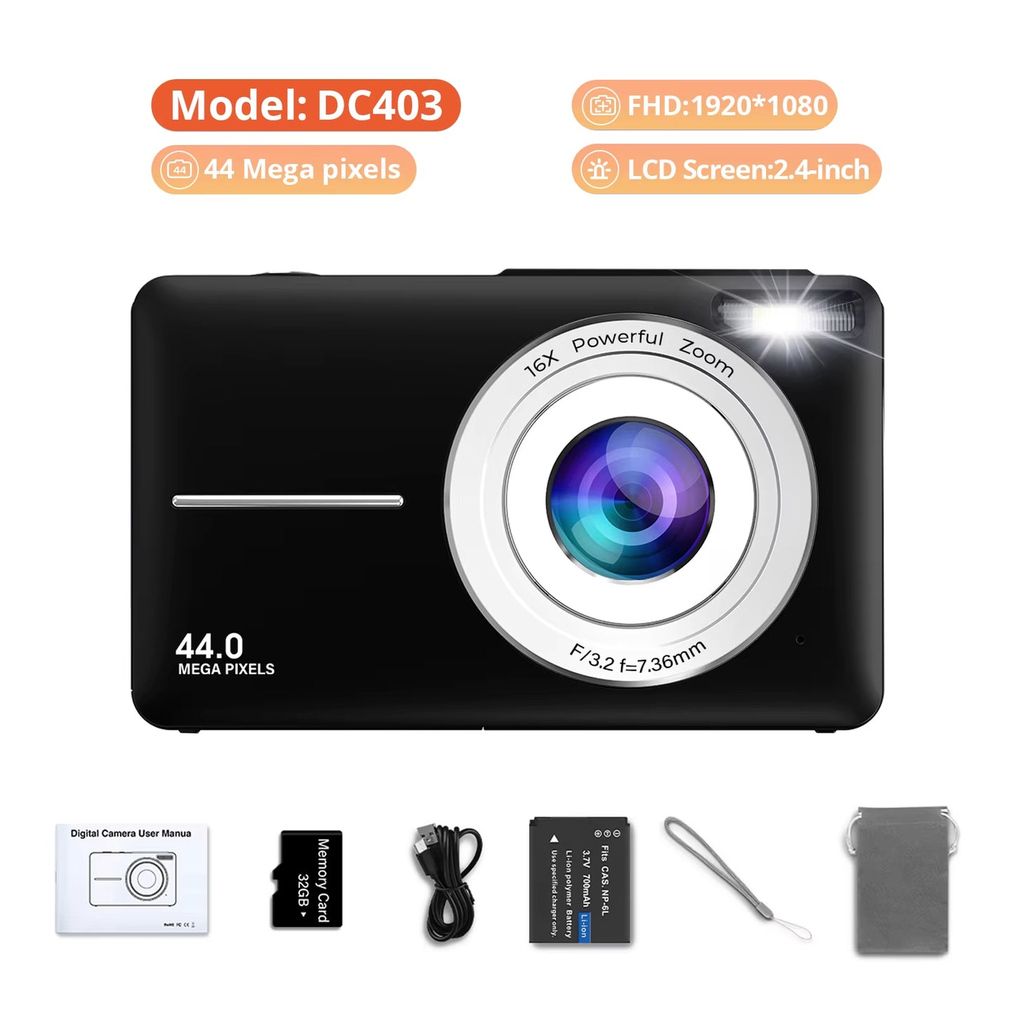 HD 1080P Digital Camera 2.4 Inches Rechargeable Cameras with 16X Zoom Compact Camera 44MP Cameras for Kids Girls Camera Digit
